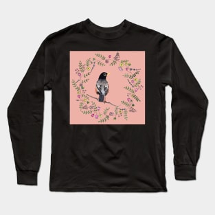 American Robin with Flower Wreath and coral background Long Sleeve T-Shirt